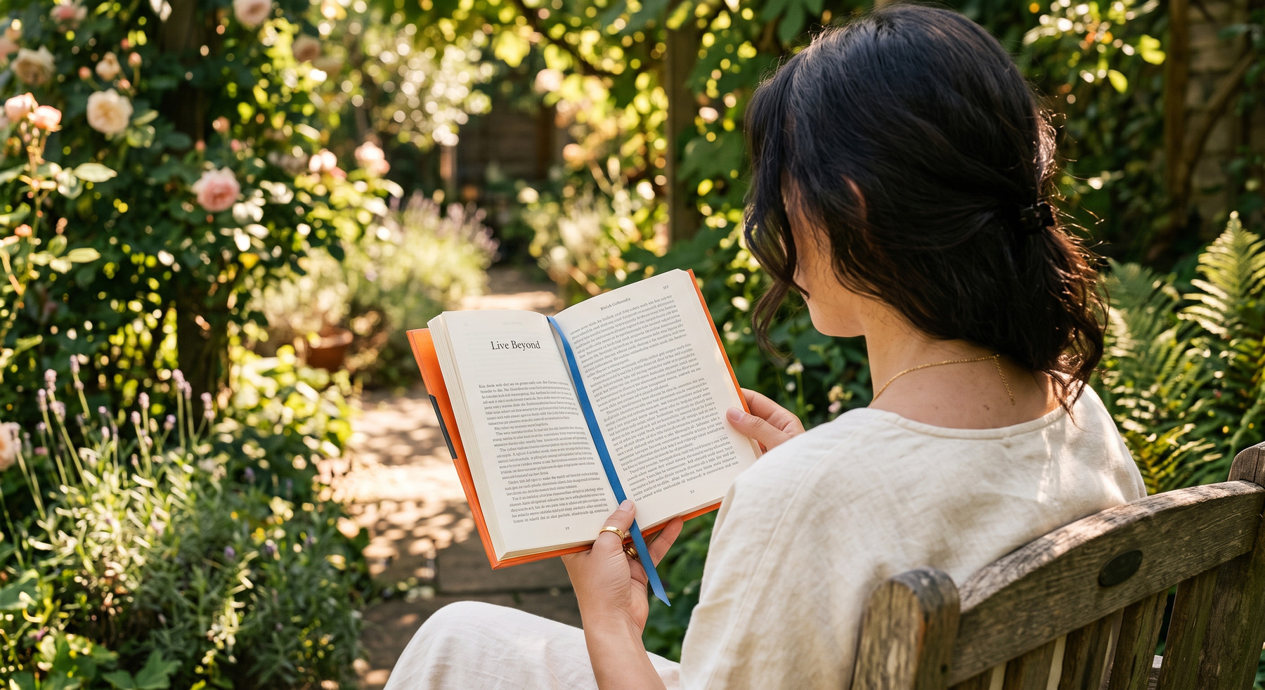 The book open in a garden, a reader part way through a chapter