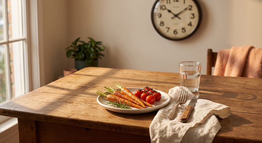 A small plate and a glass of water. Less on the table, more of the repair work that only starts when the eating stops.
