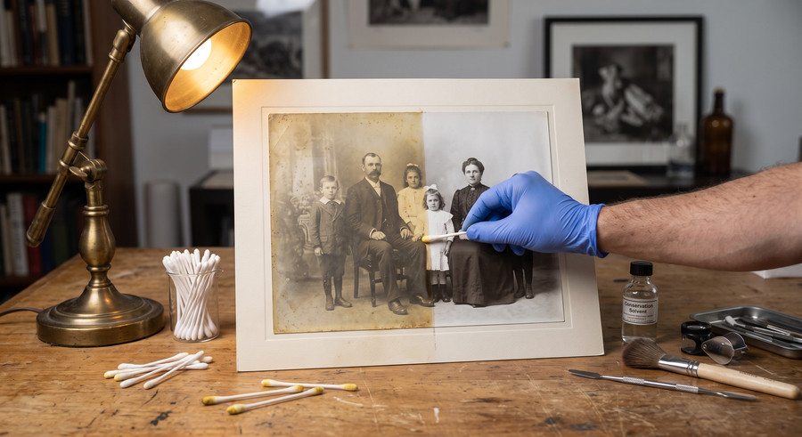 A photograph half-cleaned. Go carefully and the picture comes back; go too far and it comes off with the dirt.